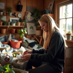 A Norwegian woman with long blonde hair, dressed in comfortable clothing, engaged in environmental conservation volunteering inside a cozy room