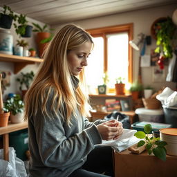 A Norwegian woman with long blonde hair, dressed in comfortable clothing, engaged in environmental conservation volunteering inside a cozy room