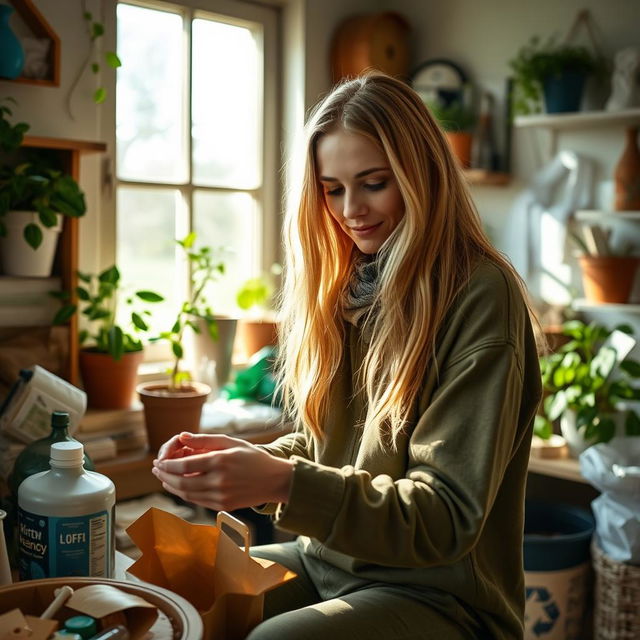 A Norwegian woman with long blonde hair, dressed in comfortable clothing, engaged in environmental conservation volunteering inside a cozy room