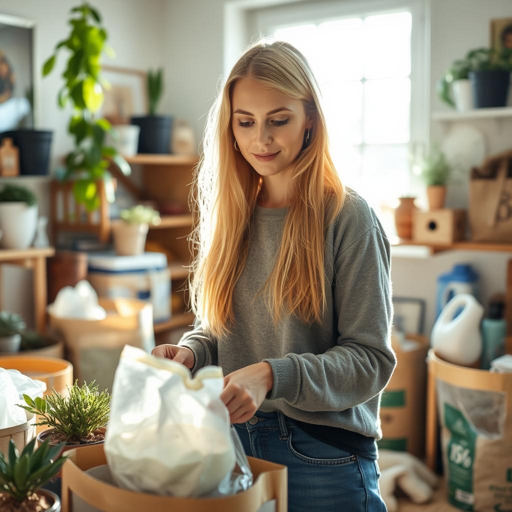 A Norwegian woman with long blonde hair, dressed in comfortable clothing, engaged in environmental conservation volunteering inside a cozy room