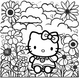 Black and white Hello Kitty themed colouring book page featuring Hello Kitty, a kite, a cloud, and a sunflower.