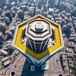 A captivating top view of a pentagon-shaped high-rise building nestled in the bustling concrete jungle of Gurgaon, India