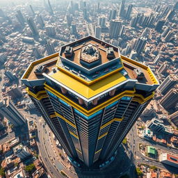 A captivating top view of a pentagon-shaped high-rise building nestled in the bustling concrete jungle of Gurgaon, India