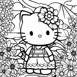 Black and white Hello Kitty themed colouring book page featuring Hello Kitty, a kite, a cloud, and a sunflower.