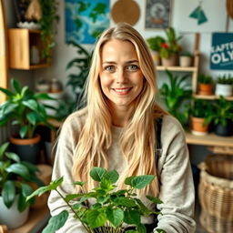 A Norwegian woman with long blonde hair, dressed in comfortable clothing, engaging in environmental conservation volunteering inside a cozy room