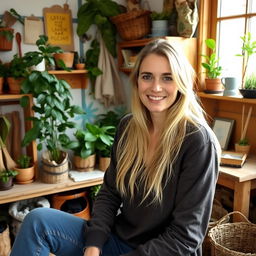 A Norwegian woman with long blonde hair, dressed in comfortable clothing, engaging in environmental conservation volunteering inside a cozy room