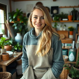 A Norwegian woman with long blonde hair, dressed in comfortable clothing, engaging in environmental conservation volunteering inside a cozy room