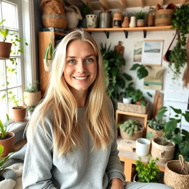 A Norwegian woman with long blonde hair, dressed in comfortable clothing, engaging in environmental conservation volunteering inside a cozy room