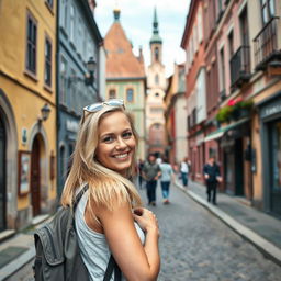 A Norwegian woman with light blonde hair, wearing a casual outfit and carrying a backpack, exploring an ancient city with narrow streets and historical architecture
