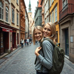A Norwegian woman with light blonde hair, wearing a casual outfit and carrying a backpack, exploring an ancient city with narrow streets and historical architecture