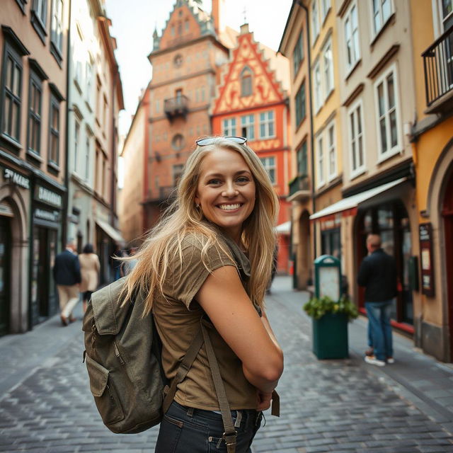 A Norwegian woman with light blonde hair, wearing a casual outfit and carrying a backpack, exploring an ancient city with narrow streets and historical architecture