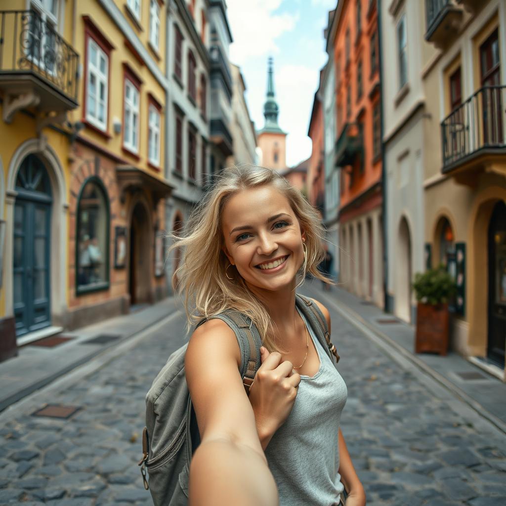 A Norwegian woman with light blonde hair, wearing a casual outfit and carrying a backpack, exploring an ancient city with narrow streets and historical architecture