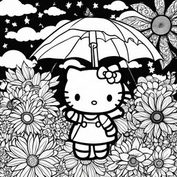 Black and white Hello Kitty themed colouring book page featuring Hello Kitty, a kite, a cloud, and a sunflower.