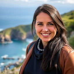 A portrait of a 35-year-old woman from New Zealand with dark hair, dressed in stylish clothing