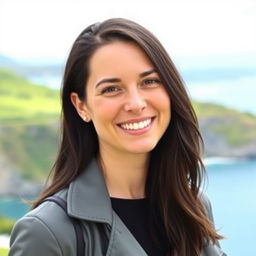 A portrait of a 35-year-old woman from New Zealand with dark hair, dressed in stylish clothing