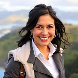 A portrait of a 35-year-old woman from New Zealand with dark hair, dressed in stylish clothing