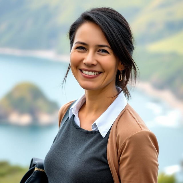 A portrait of a 35-year-old woman from New Zealand with dark hair, dressed in stylish clothing