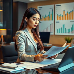 A stunning Indo-Korean woman with a captivating figure, working as an auditor