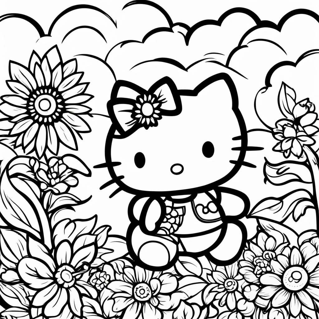 Black and white Hello Kitty themed colouring book page featuring Hello Kitty, a kite, a cloud, and a sunflower.