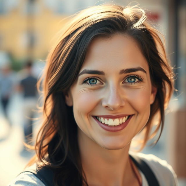 A cheerful 35-year-old Norwegian woman with dark hair and expressive blue eyes, looking directly at the camera with a bright, joyful smile