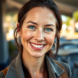 A cheerful 35-year-old Norwegian woman with dark hair and expressive blue eyes, looking directly at the camera with a bright, joyful smile