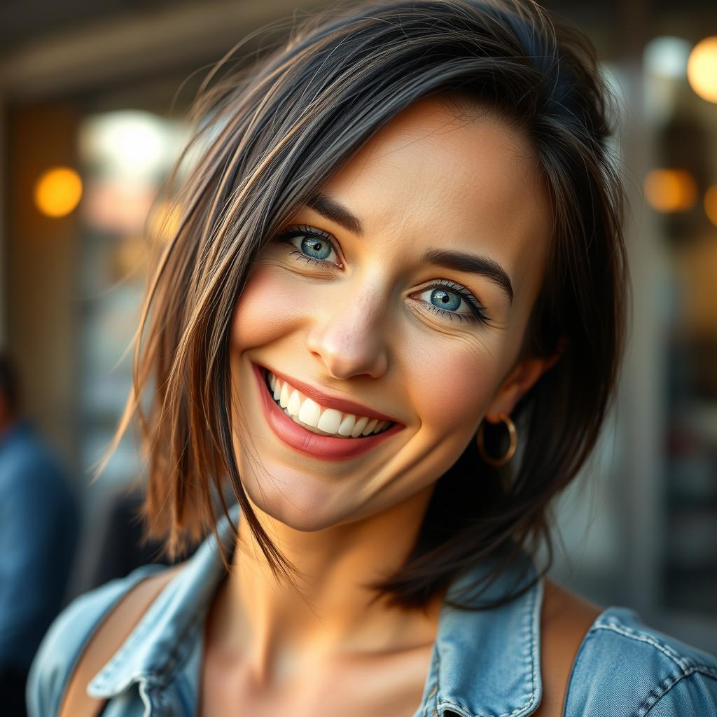 A cheerful 35-year-old Norwegian woman with dark hair and expressive blue eyes, looking directly at the camera with a bright, joyful smile