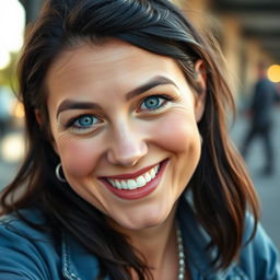 A cheerful 35-year-old Norwegian woman with dark hair and expressive blue eyes, looking directly at the camera with a bright, joyful smile