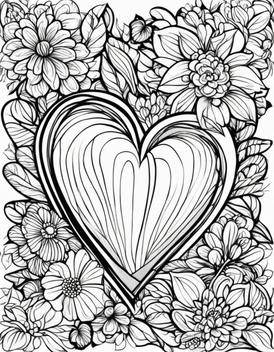 A coloring book page featuring a large heart outlined with bold lines, surrounded by a variety of flowers.