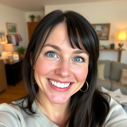 A cheerful 35-year-old Norwegian woman with dark hair and expressive blue eyes, looking directly at the camera with a bright, joyful smile