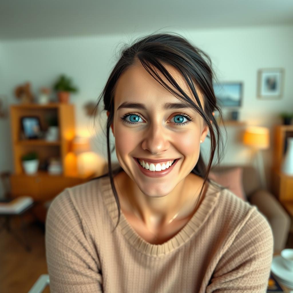 A cheerful 35-year-old Norwegian woman with dark hair and expressive blue eyes, looking directly at the camera with a bright, joyful smile