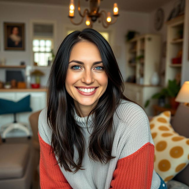 A cheerful 35-year-old Norwegian woman with dark hair and expressive blue eyes, looking directly at the camera with a bright, joyful smile