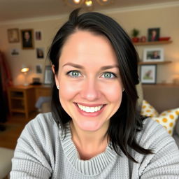 A cheerful 35-year-old Norwegian woman with dark hair and expressive blue eyes, looking directly at the camera with a bright, joyful smile