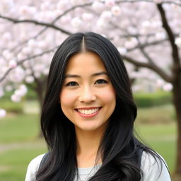 A 40-year-old Japanese woman with long, shiny black hair styled elegantly