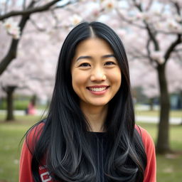 A 40-year-old Japanese woman with long, shiny black hair styled elegantly