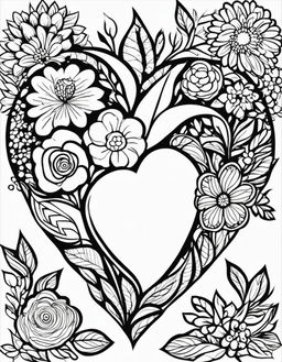 A coloring book page featuring a large heart outlined with bold lines, surrounded by a variety of flowers.