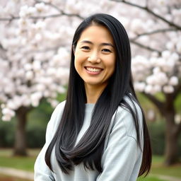 A 40-year-old Japanese woman with long, shiny black hair styled elegantly