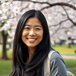 A 40-year-old Japanese woman with long, shiny black hair styled elegantly