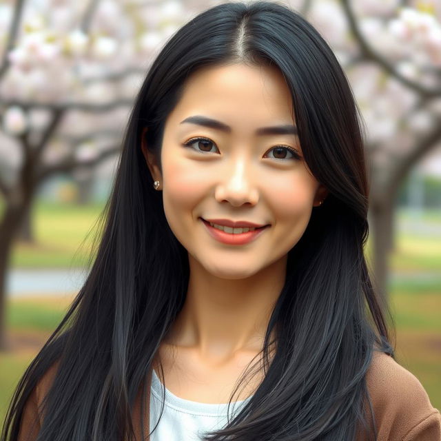 A realistic portrait of a 40-year-old Japanese woman with long, glossy black hair cascading down her shoulders