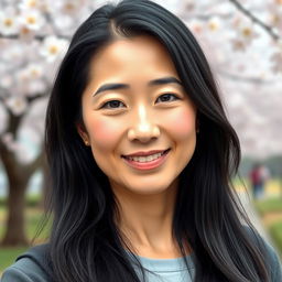 A realistic portrait of a 40-year-old Japanese woman with long, glossy black hair cascading down her shoulders
