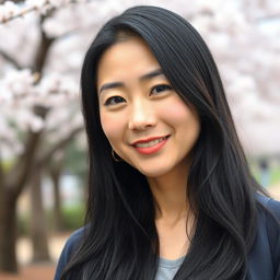 A realistic portrait of a 40-year-old Japanese woman with long, glossy black hair cascading down her shoulders