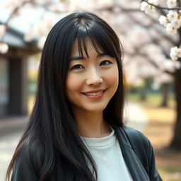 A realistic portrait of a 40-year-old Japanese woman with long, glossy black hair cascading down her shoulders