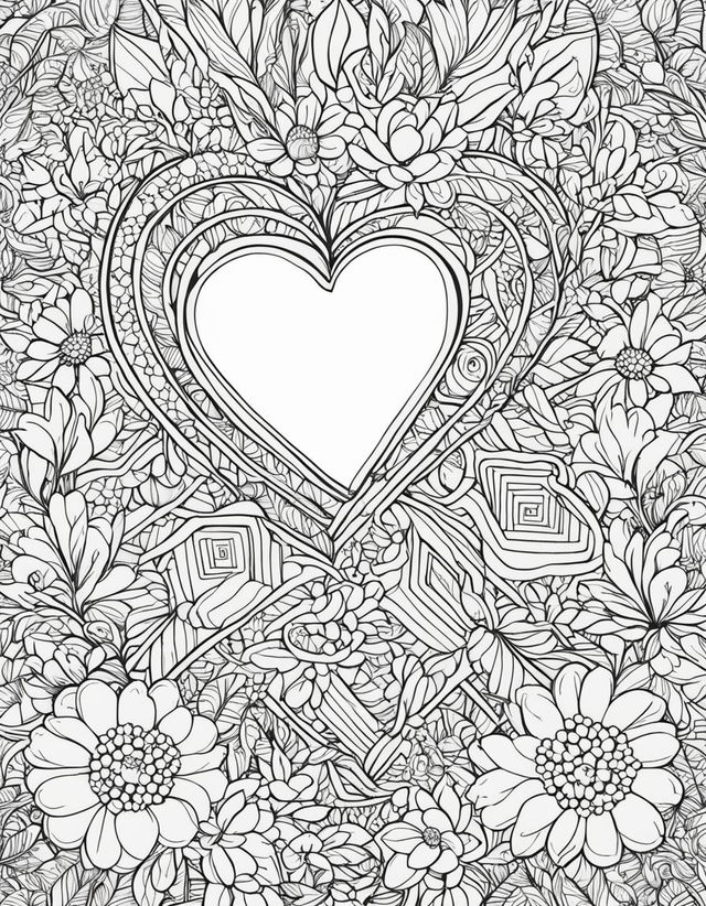 A coloring book page featuring a large heart outlined with bold lines, surrounded by a variety of flowers.