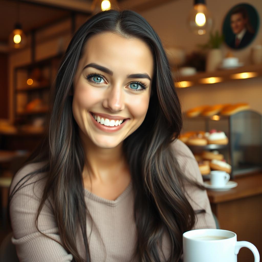 A joyful 37-year-old Norwegian woman with long dark hair, expressive blue eyes, and long eyelashes, looking directly at the camera with a bright, cheerful smile