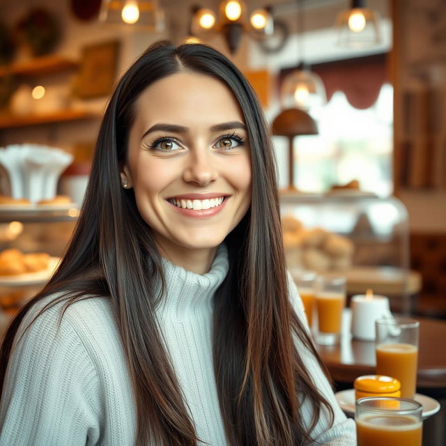 A joyful 37-year-old Norwegian woman with long dark hair, expressive blue eyes, and long eyelashes, looking directly at the camera with a bright, cheerful smile