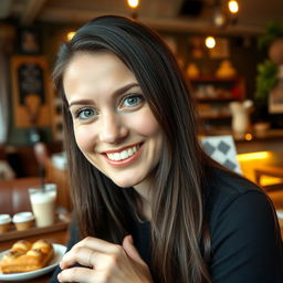 A joyful 37-year-old Norwegian woman with long dark hair, expressive blue eyes, and long eyelashes, looking directly at the camera with a bright, cheerful smile