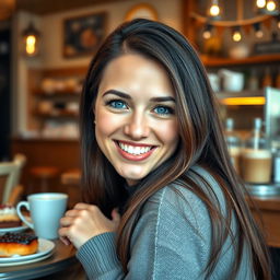 A joyful 37-year-old Norwegian woman with long dark hair, expressive blue eyes, and long eyelashes, looking directly at the camera with a bright, cheerful smile