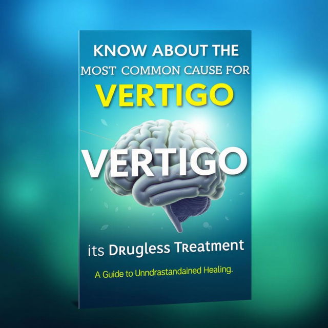 A captivating and informative book cover design featuring the title 'KNOW ABOUT THE MOST COMMON CAUSE FOR VERTIGO & ITS DRUGLESS TREATMENT'