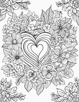 A coloring book page featuring a large heart outlined with bold lines, surrounded by a variety of flowers.