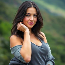 A 35-year-old woman from New Zealand with dark hair, wearing stylish clothing that complements her look