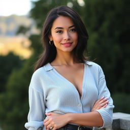 A 35-year-old woman from New Zealand with dark hair, wearing stylish clothing that complements her look